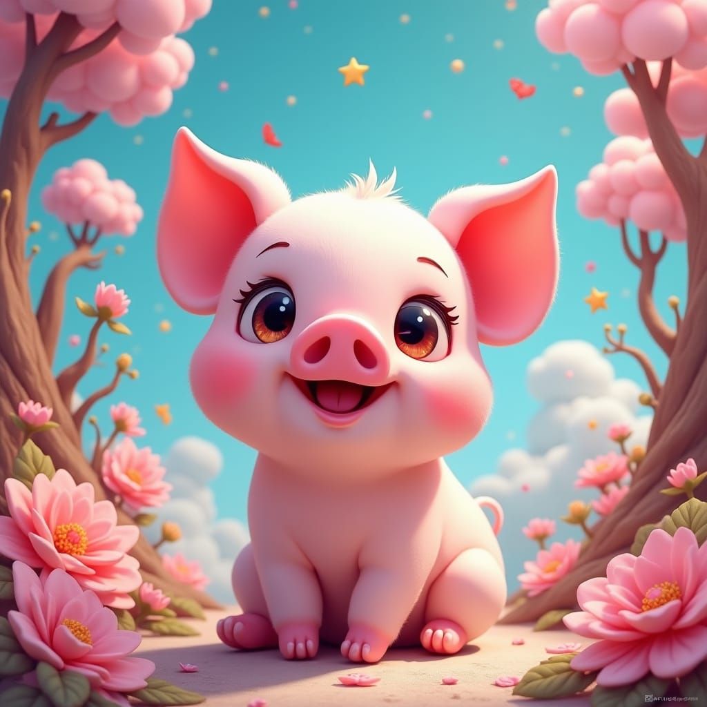 Pastel Kawaii Pig in Whimsical Wonderland