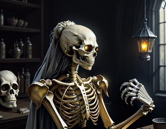 Furry Skeleton Cleans Bones: Dark Fantasy Concept Art