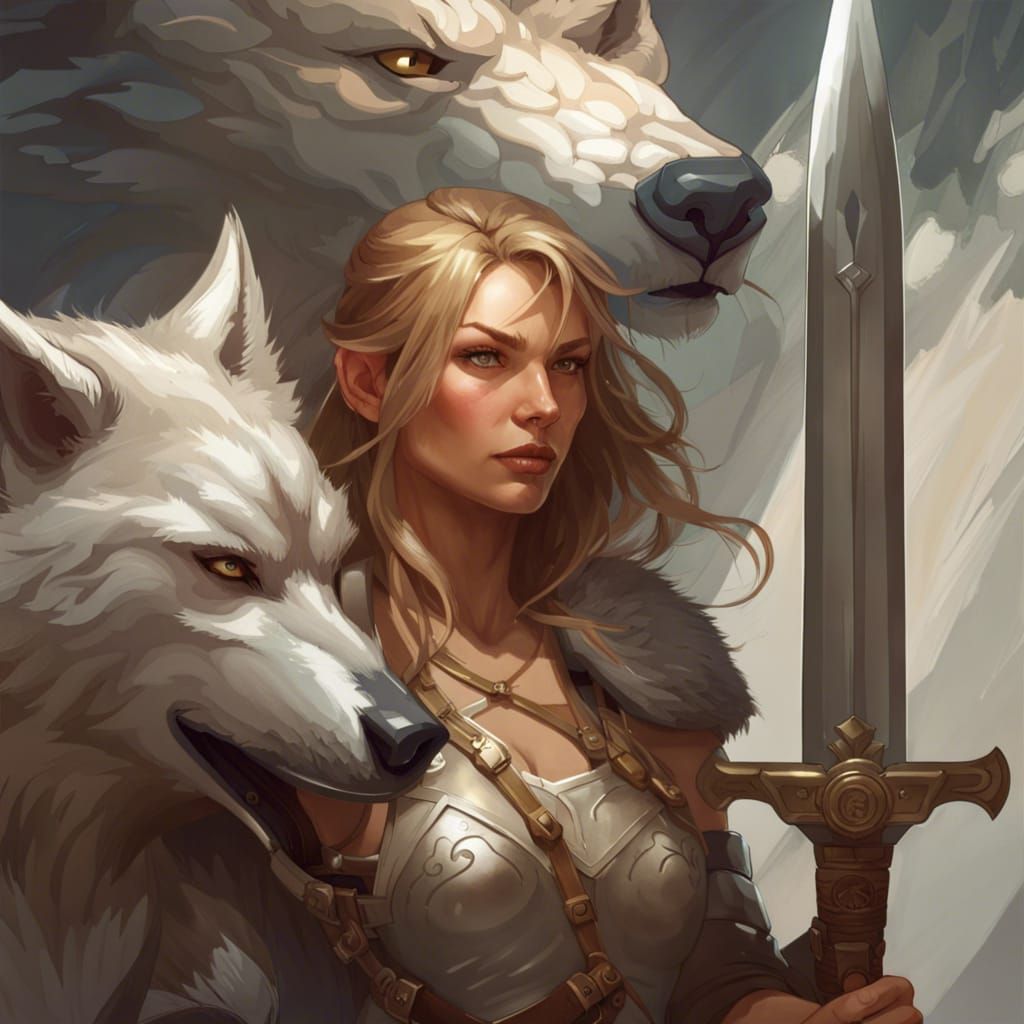 Female Warrior with Wolf, Hyperdetailed Portrait