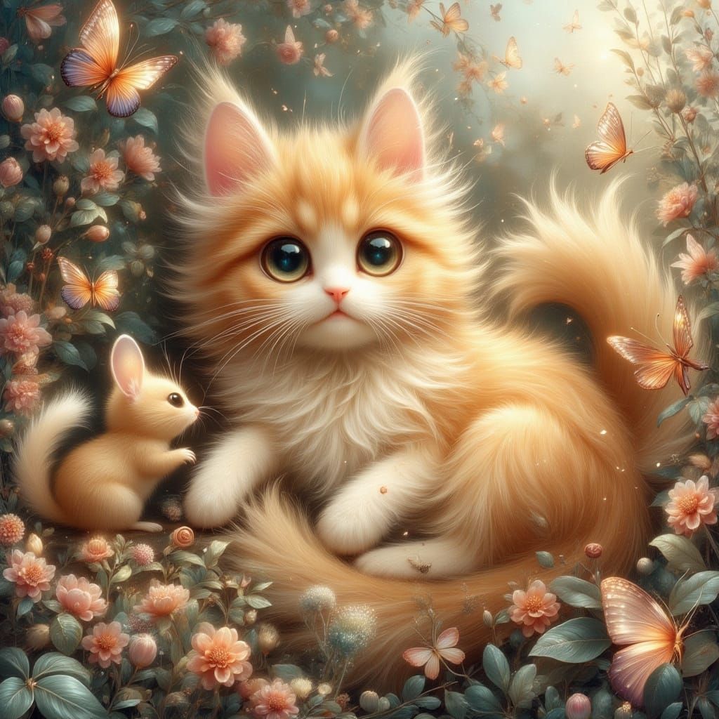 Mystical Cat with Butterflies in Anime Style