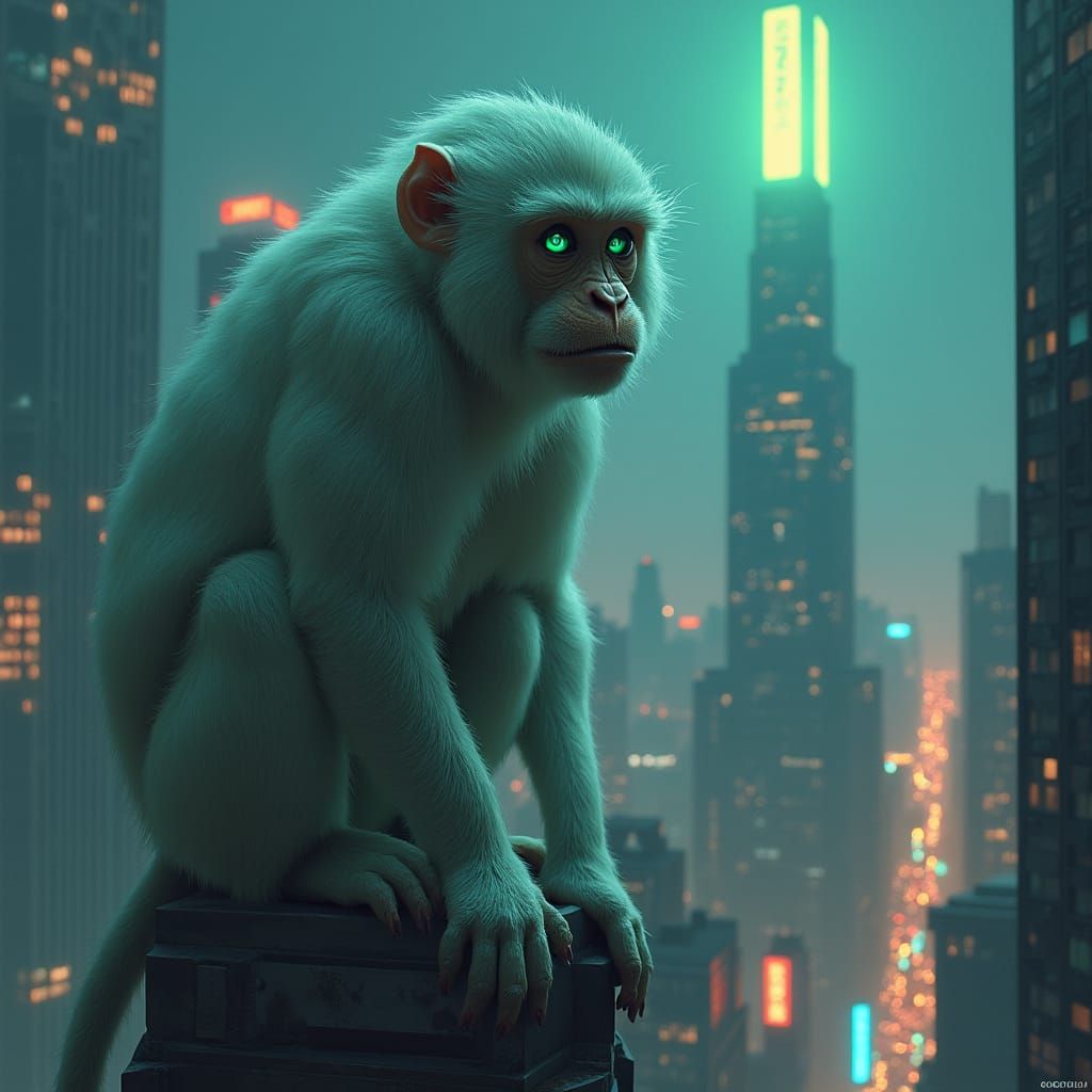 Cyberpunk Macaque in Dystopian Metropolis