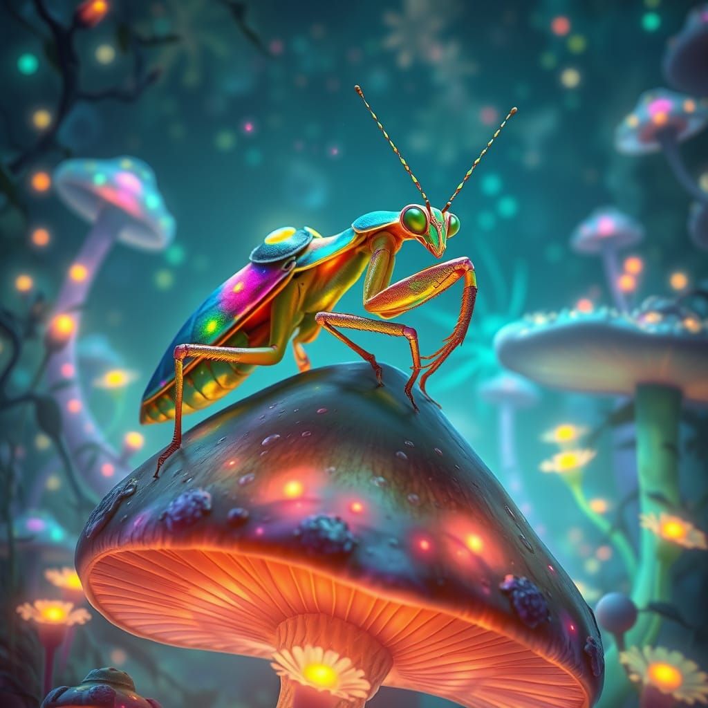 Bioluminescent Praying Mantis in Alien Rainforest