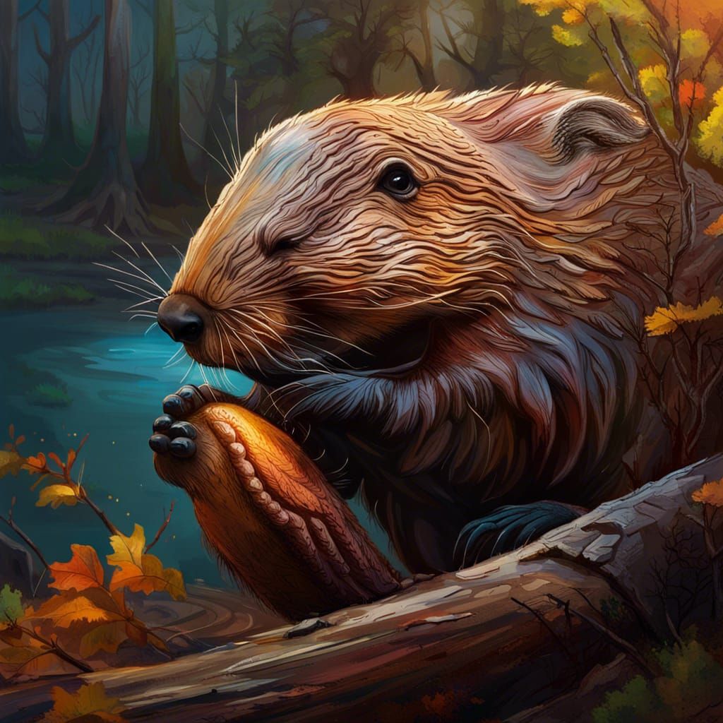 Hyperrealistic Beaver Eating a Tree Splash Art