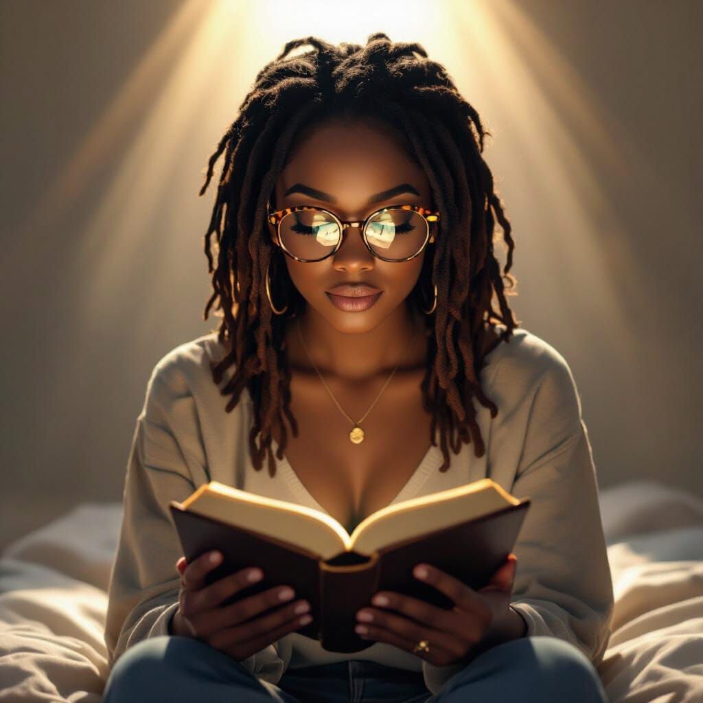 Woman Reading Bible in Divine Light, Photorealistic Style