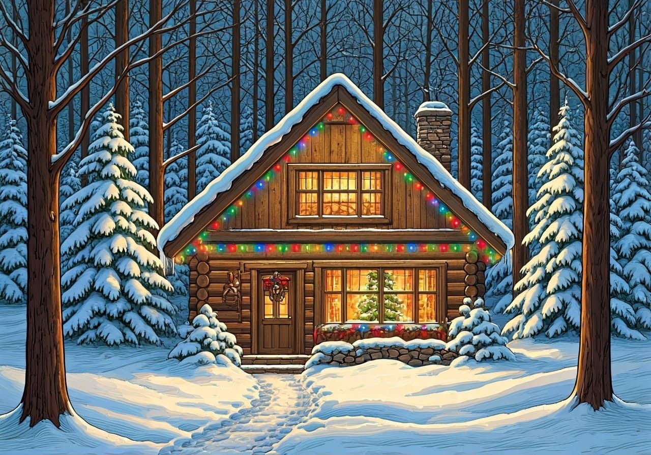 Cozy Winter Cabin with Rainbow Christmas Lights