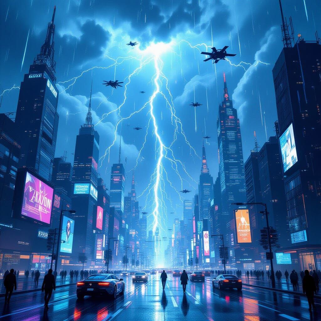 Neon Megalopolis Under Cyberpunk Thunderstorm