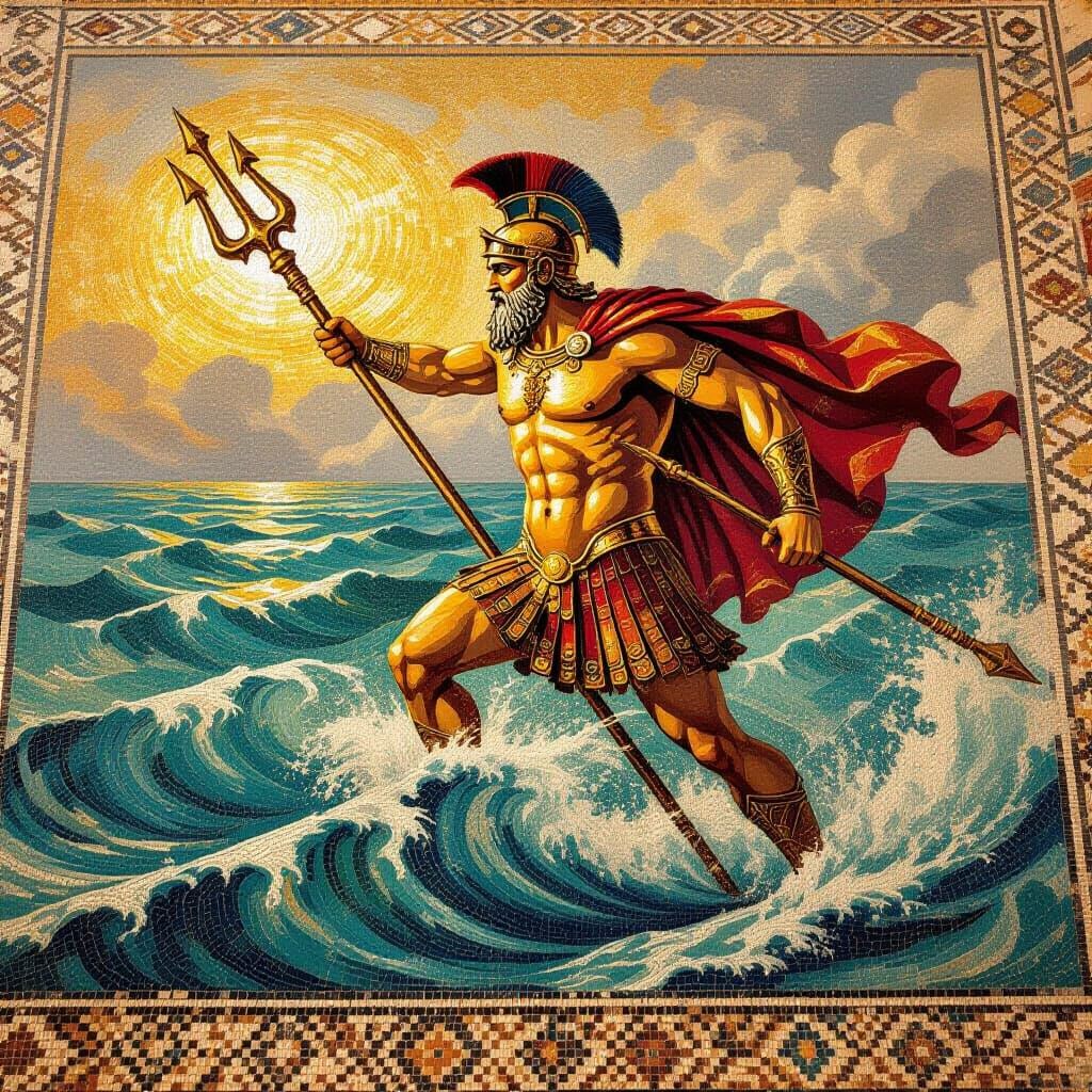 Ancient Roman Mosaic of Poseidon Unleashing a Tempest