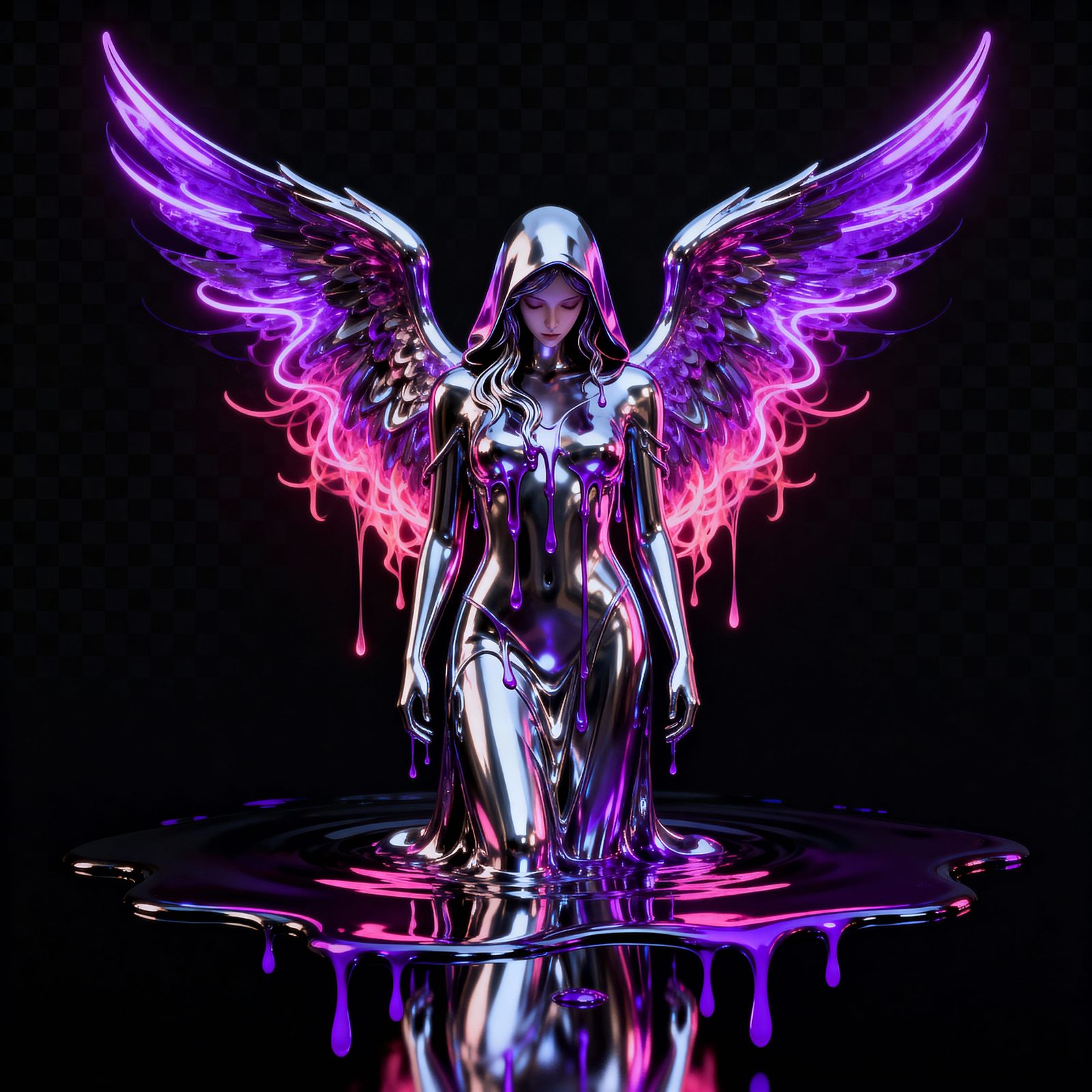 Futuristic Chrome Angel in Cyber-Goth Mysticism