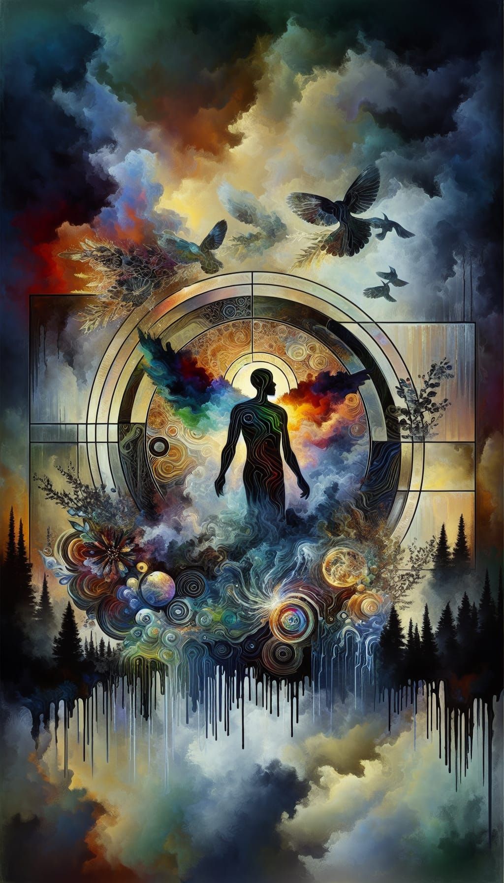 Geometric Man in Chromatic Colors, Ink Painting