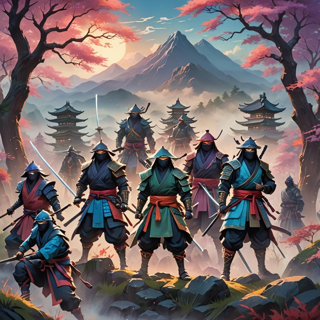 Colorful Ninjas and Samurai in Anime Style