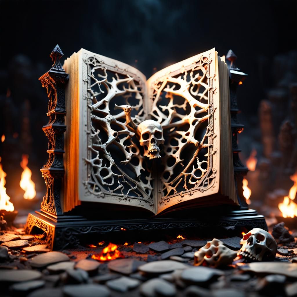 Evil Spellbook on Bone Stand: Hyperreal Illustration