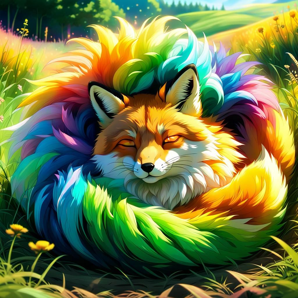 Vibrant Anime-Inspired Portrait of a Sleeping Fox in a Sunli...