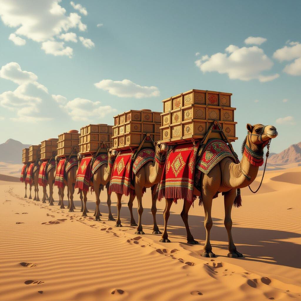 Desert Caravan Laden With Goods in Futuristic Style