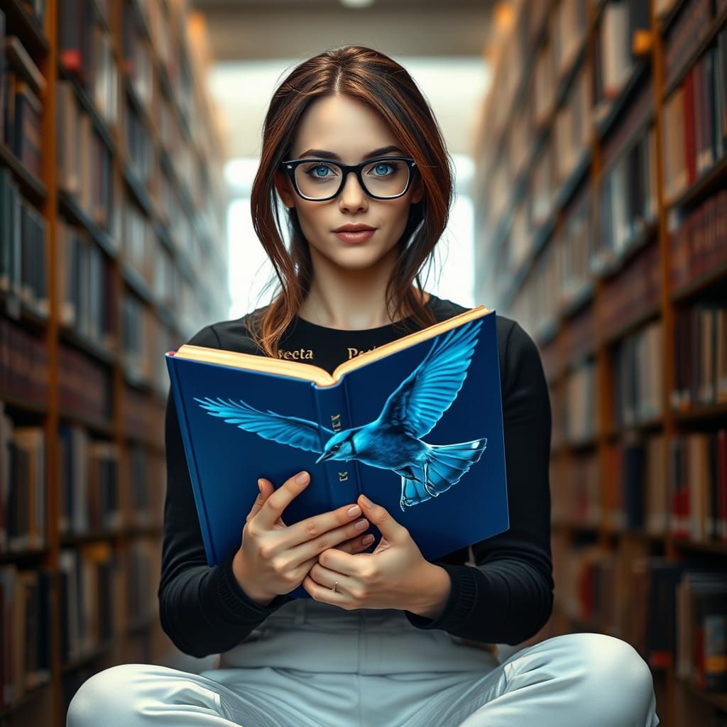 Woman Reading Mockingjay in Library, Fashion Photography