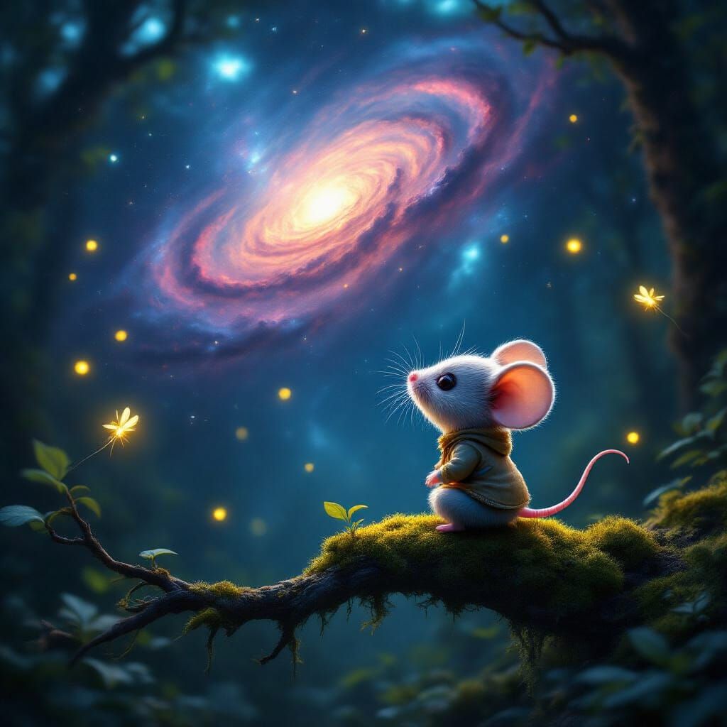 Bioluminescent Chibi Mouse Gazing at Nebula in Cosmic Forest