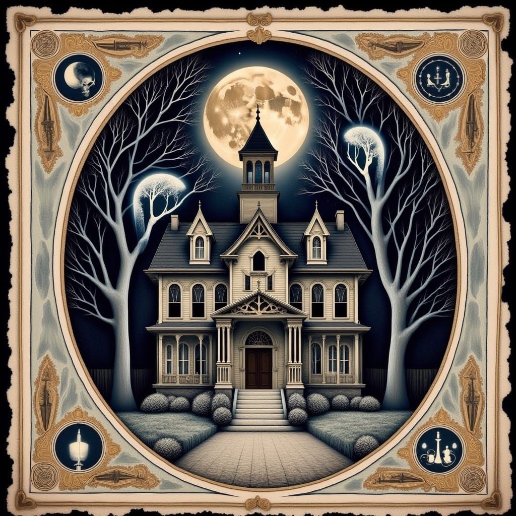 Haunted Victorian House with Skeletons in Watercolor