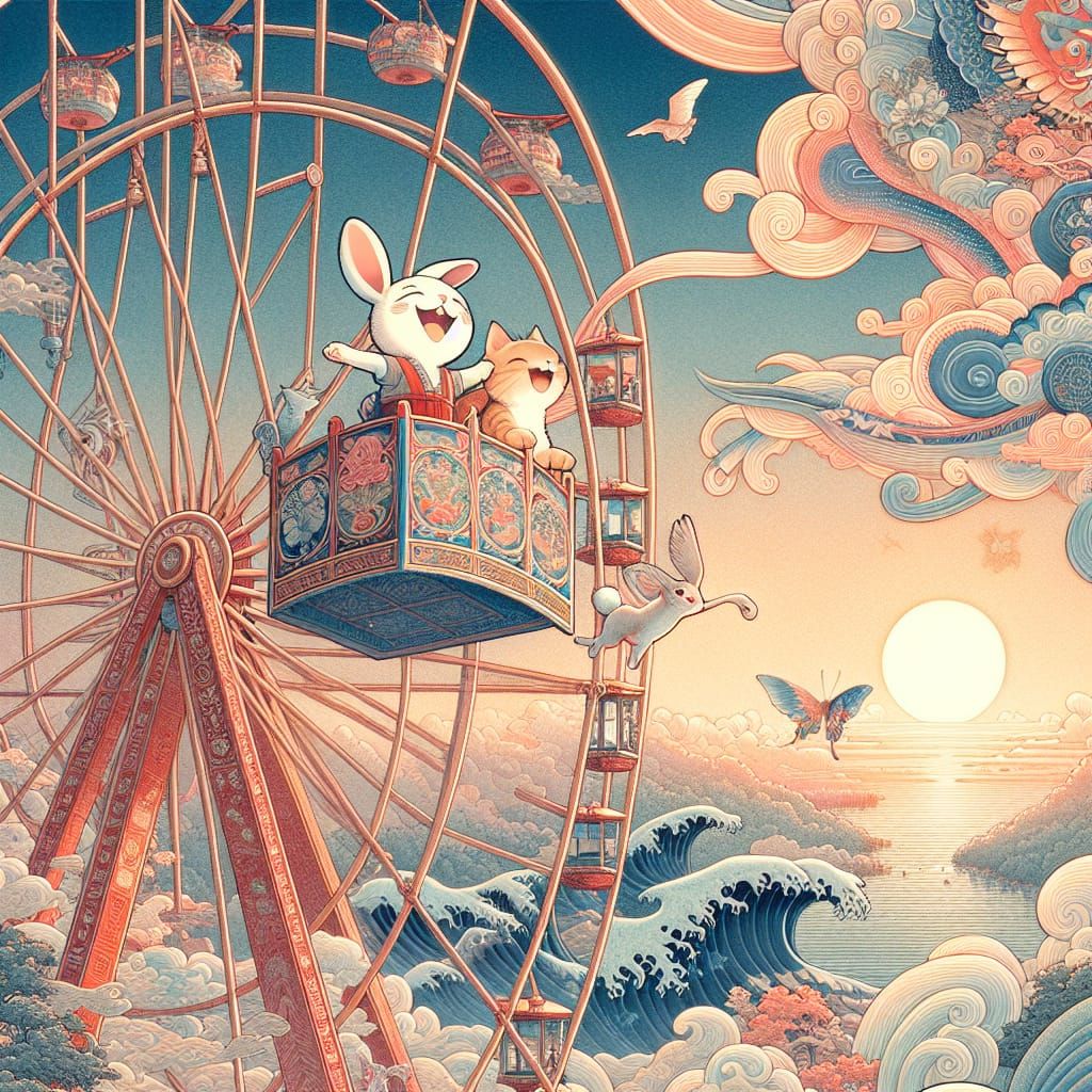 Rabbit and Cat Ride Ferris Wheel in Japanese Woodblock Style