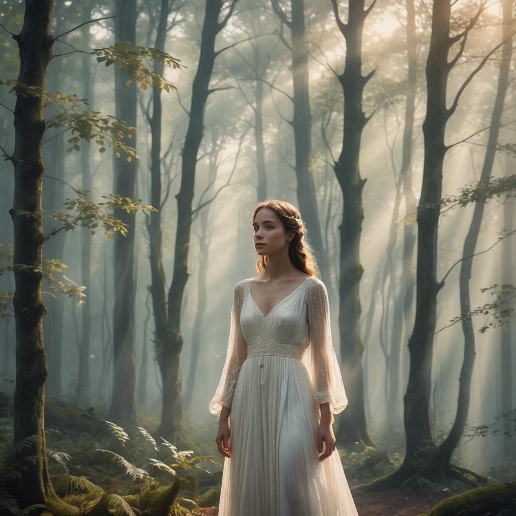 Ethereal Woman in Misty Forest, Digital Art