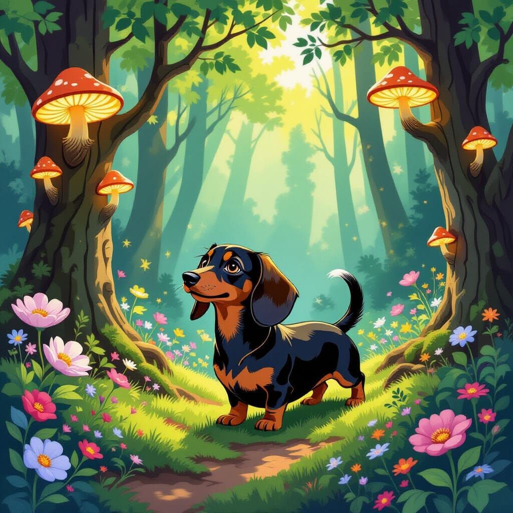 Folk Art Dachshund Explores Enchanted Forest with Glowing Mu...
