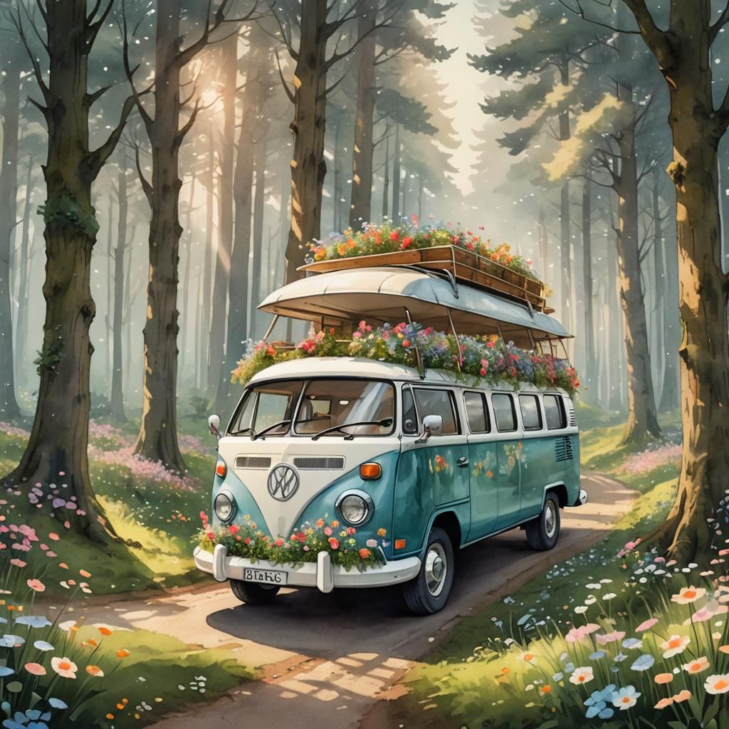Fairytale Campervan in Miyazaki Watercolor Style
