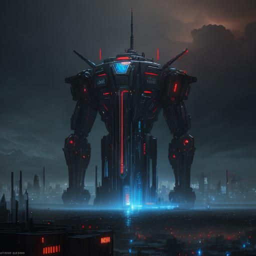 Red Killer Robot in Dark Futuristic Cityscape