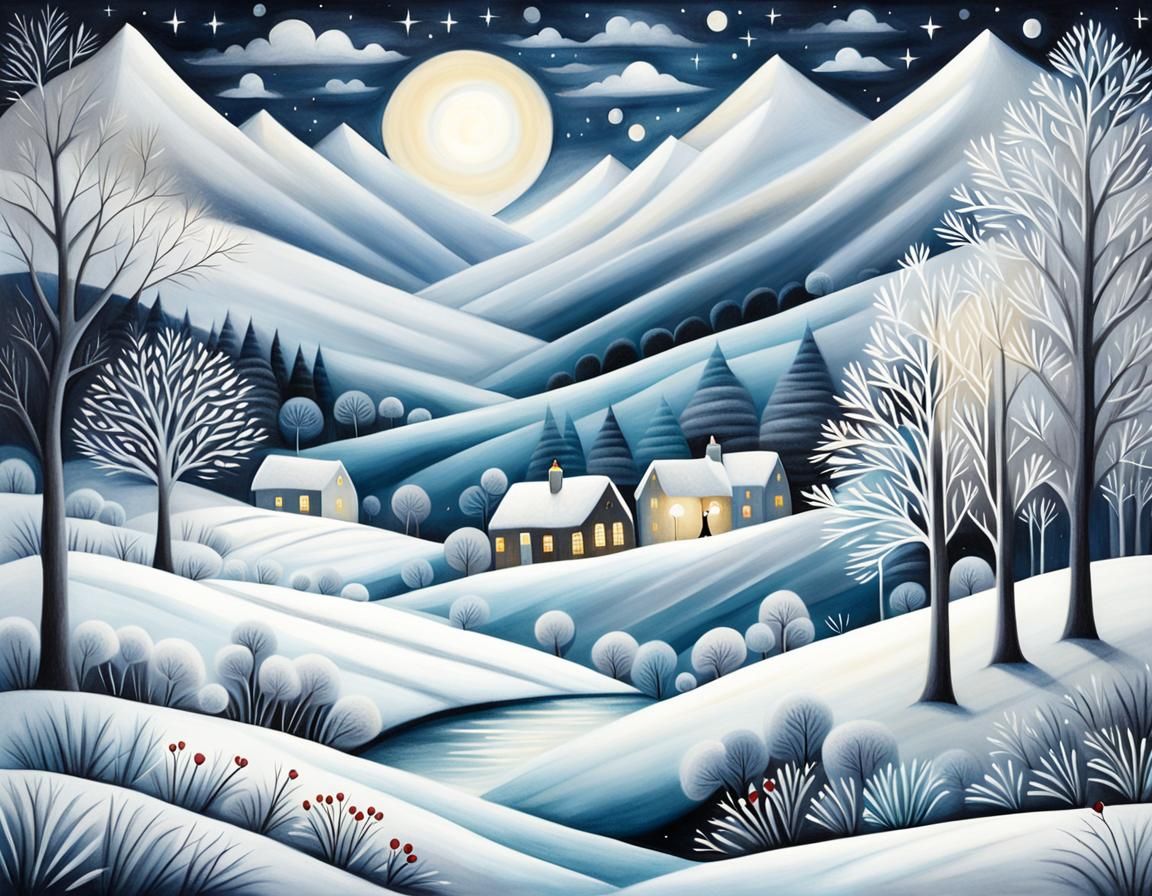 Serene Winter Night Landscape Painting