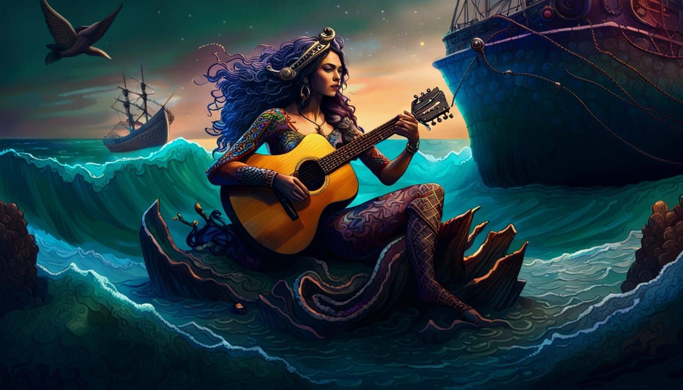 Detailed Siren Plays Guitar Near Shipwreck