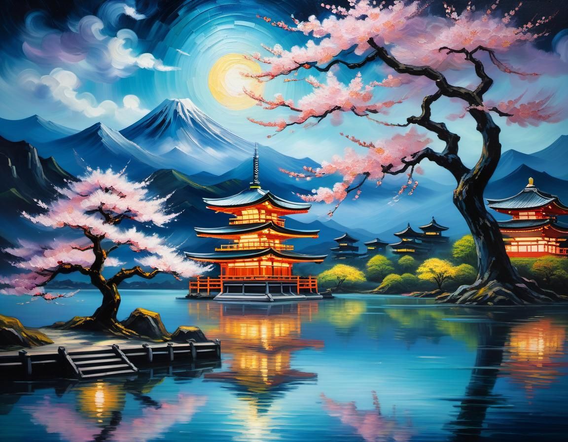 Sakura Tree at Night, Van Gogh-Style Oil Painting