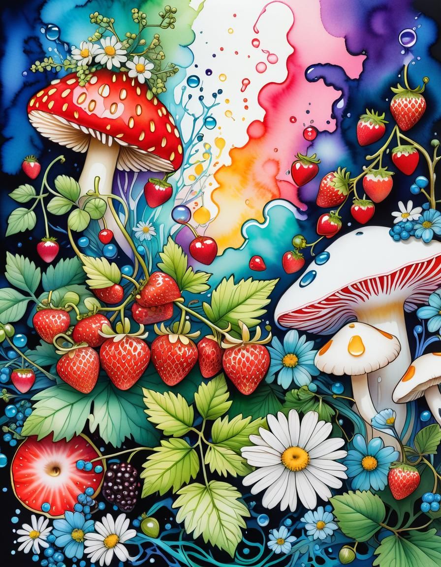 Wild Ivy and Berries in Alcohol Ink Illustration