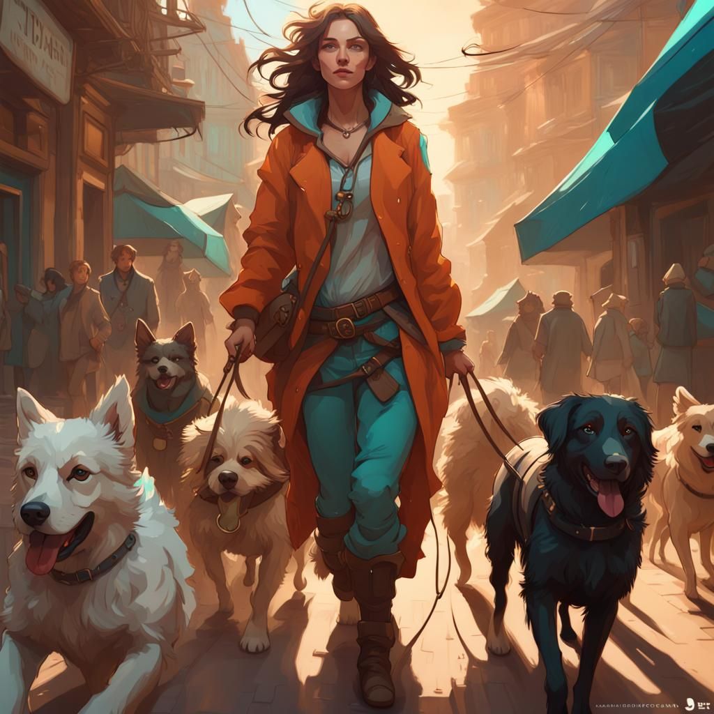 Woman Walking Dogs, Hyperdetailed Art Nouveau