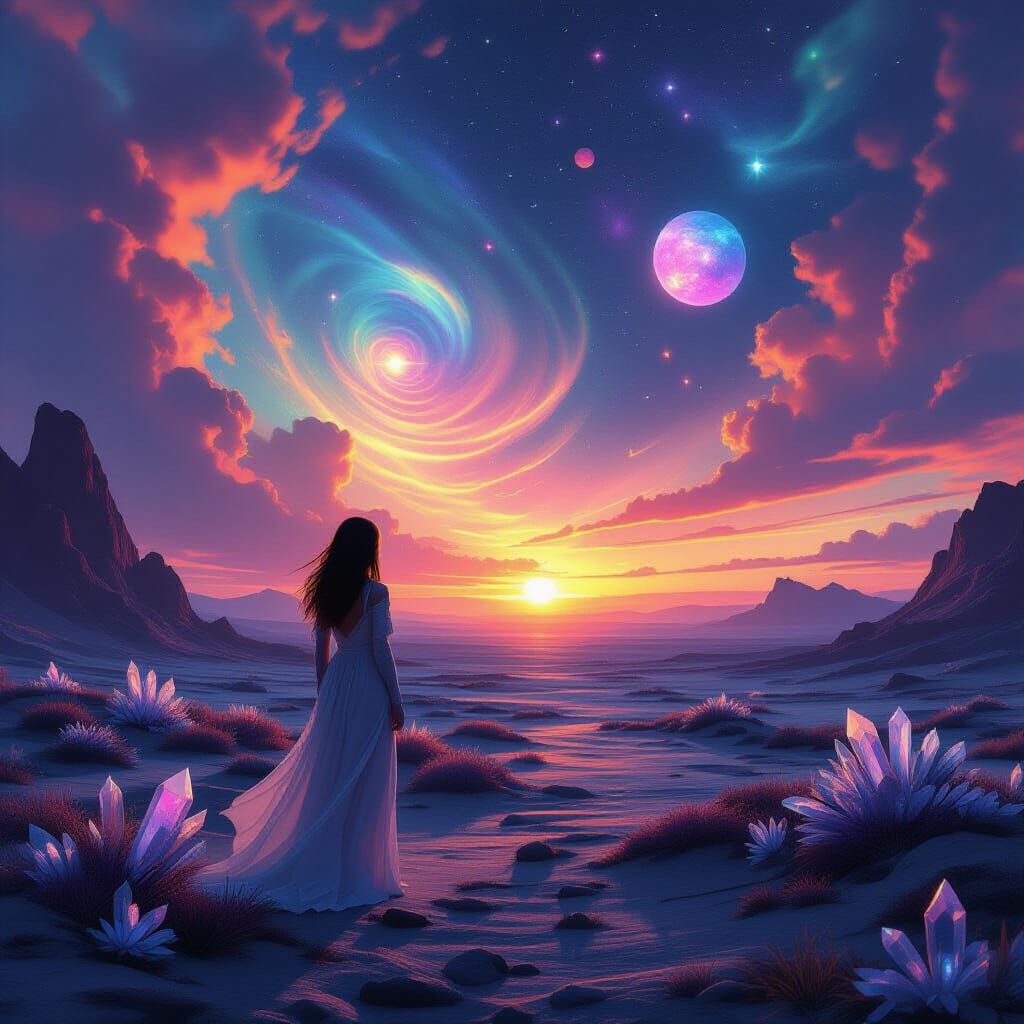 Alien Planet Binary Sunset with Ethereal Woman