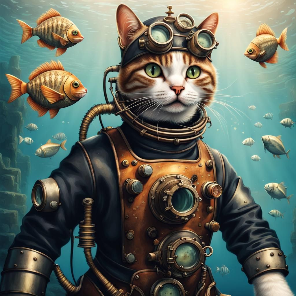 Steampunk Cat Diver Underwater with Fish