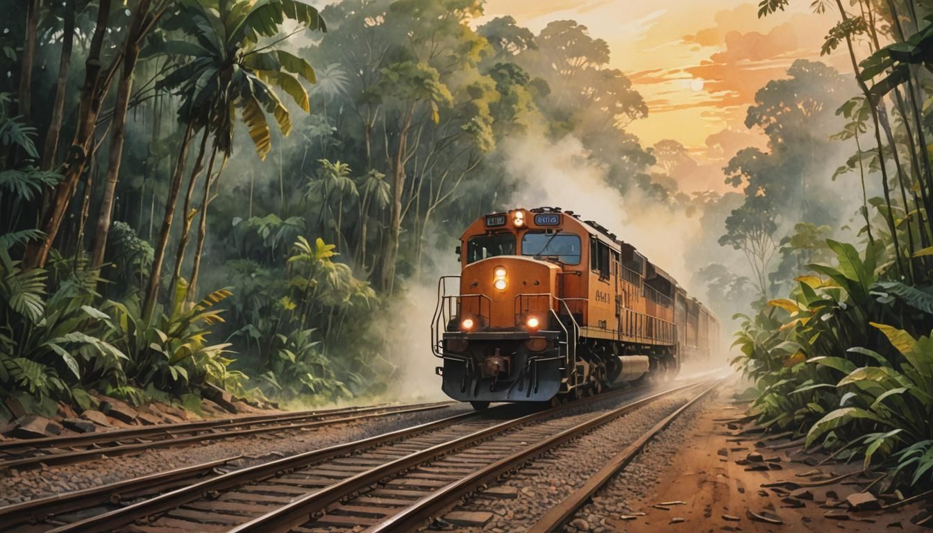 Watercolor Train Journey Through Amazon Rainforest