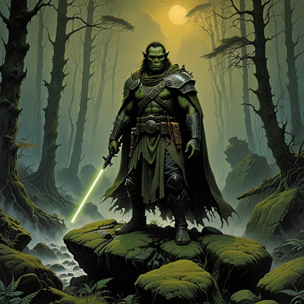 Orc Warrior in Tattered Jedi Robes, Beside a Misty Forest