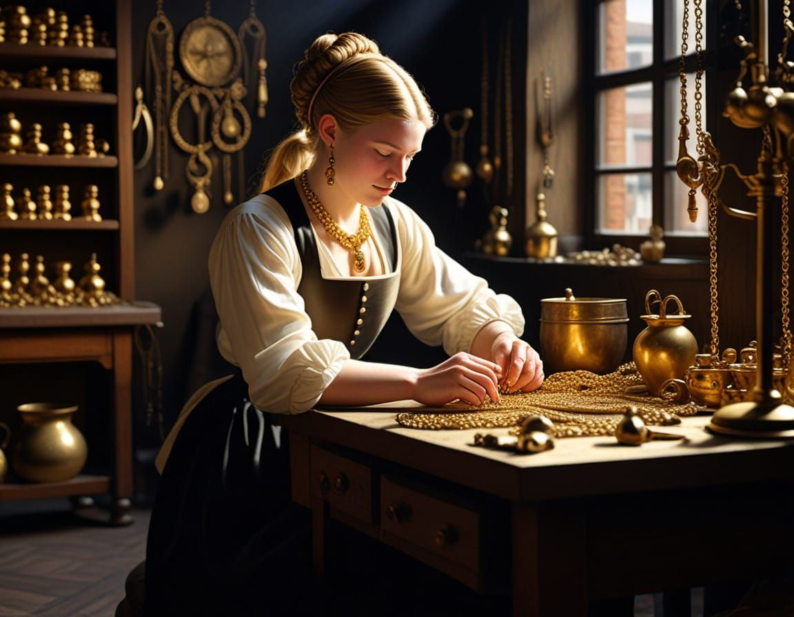 Dutch Goldsmith Shop 1600s: Woman Making Gold Chain