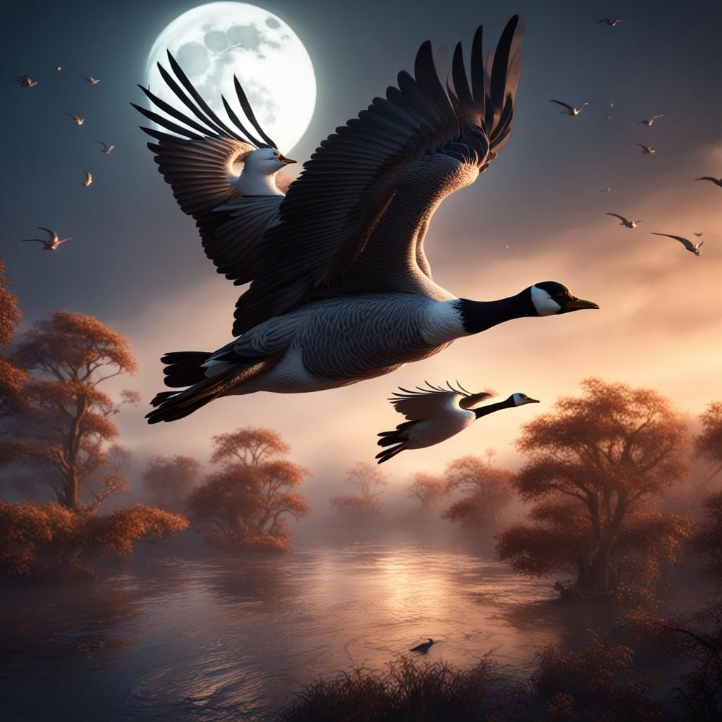 Geese Flying with Moon: Fantasy Concept Art