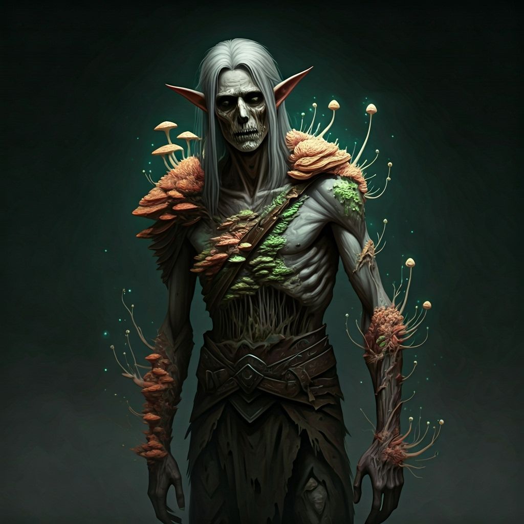 Deceased Elf Covered in Bioluminescent Fungi Network