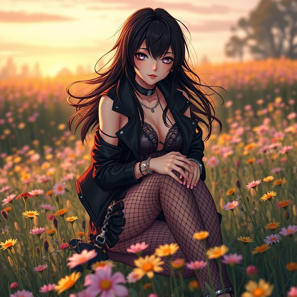 Gothic Anime Girl in Wildflower Meadow
