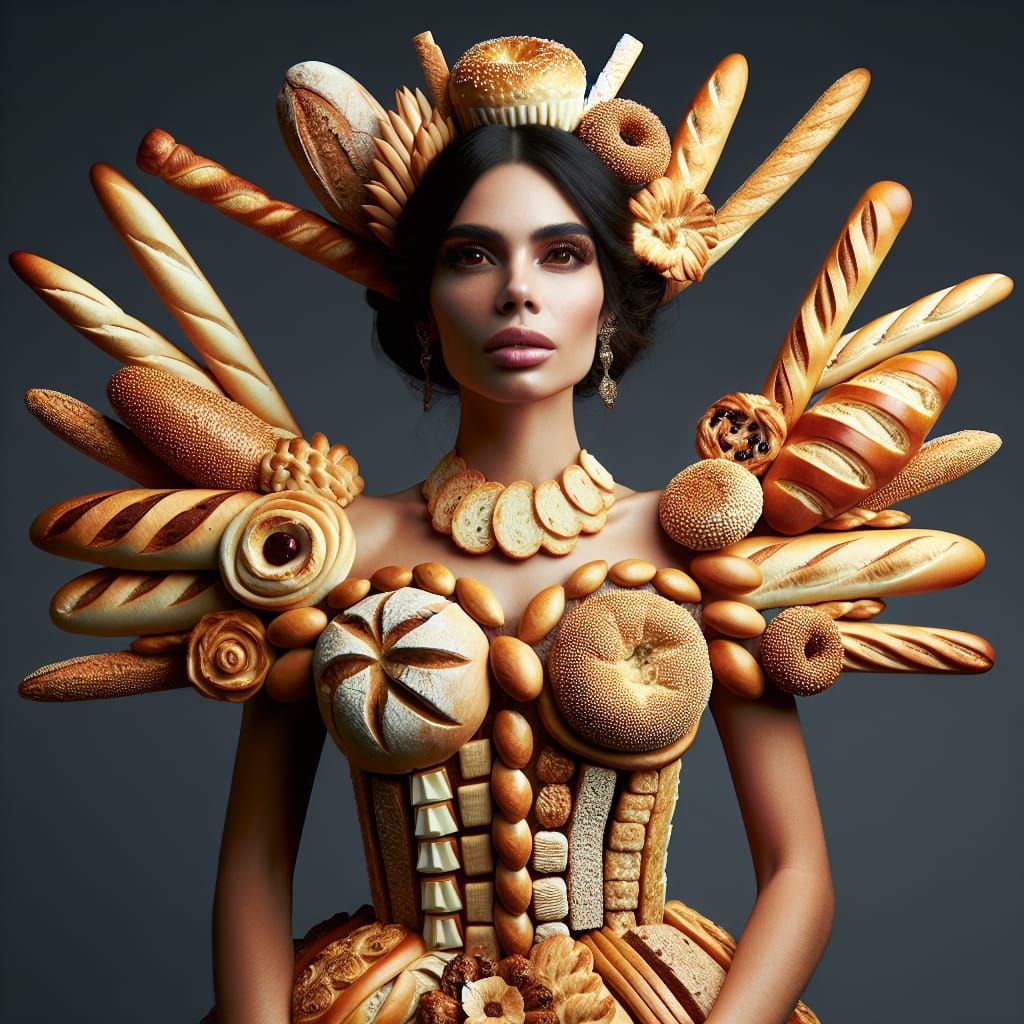 Ethereal Woman in Bread Dress: Hyperrealistic 8k
