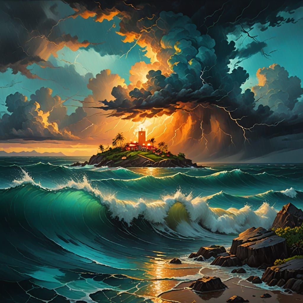 Stormy Island Oil Painting in Expressionist Style