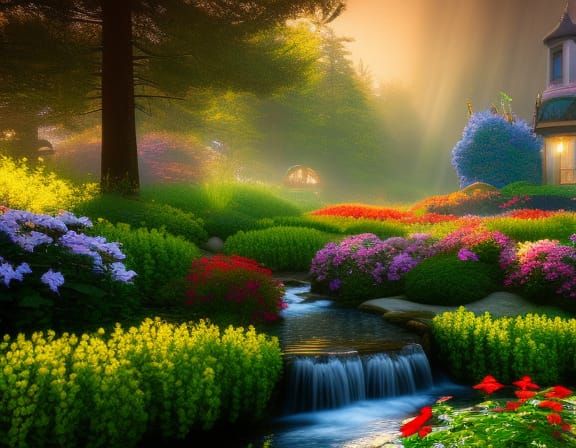 Luminous Flower Garden with Fountain: Storybook Style