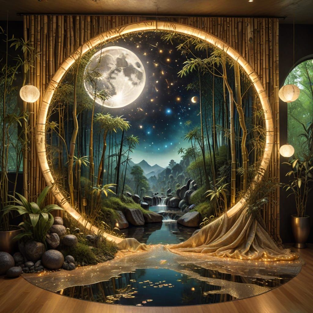 Surreal Bamboo Forest Reflection with Cosmic Elements