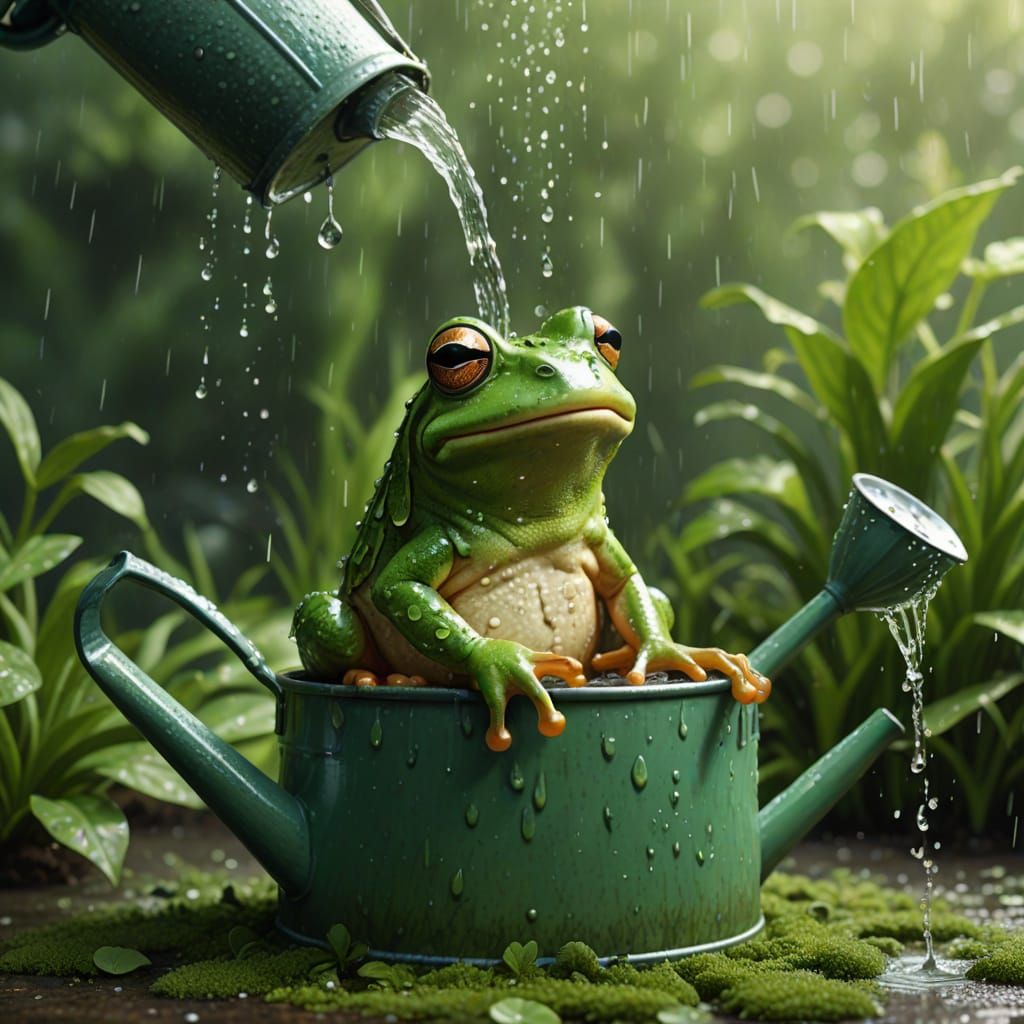 Watering can and a  frog showering