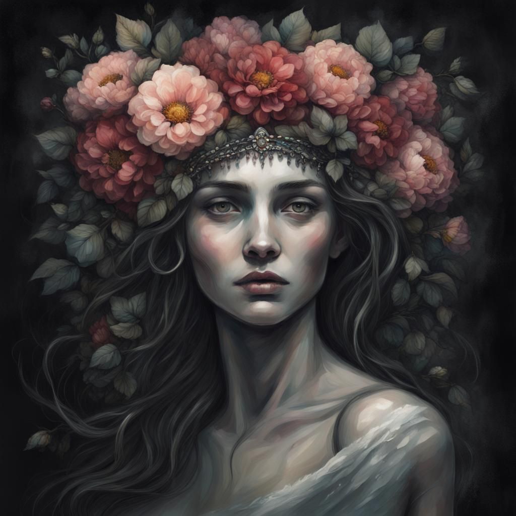 Blooming Tragedy: Woman with Floral Crown