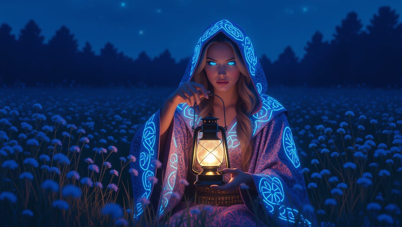 Futuristic Goddess Witch in Glowing Meadow