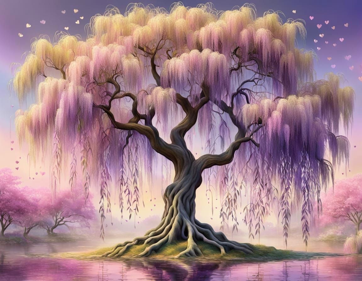 Surreal Pastel Weeping Willow Blooms in Whimsical Paradise