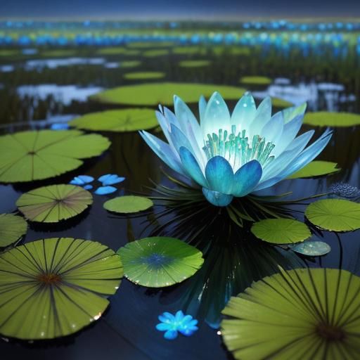 Iridescent Swamp Flowers with Floating Blue Petals