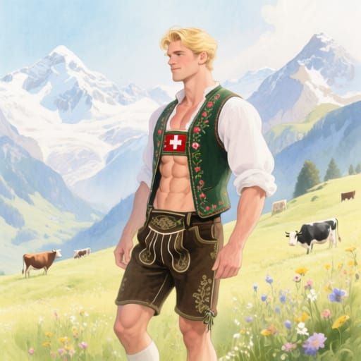 Beefcake Man in Swiss Alps Watercolour
