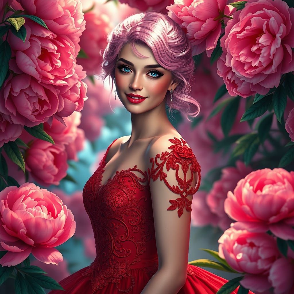 Pink-Haired Beauty in Red Gown with Peonies