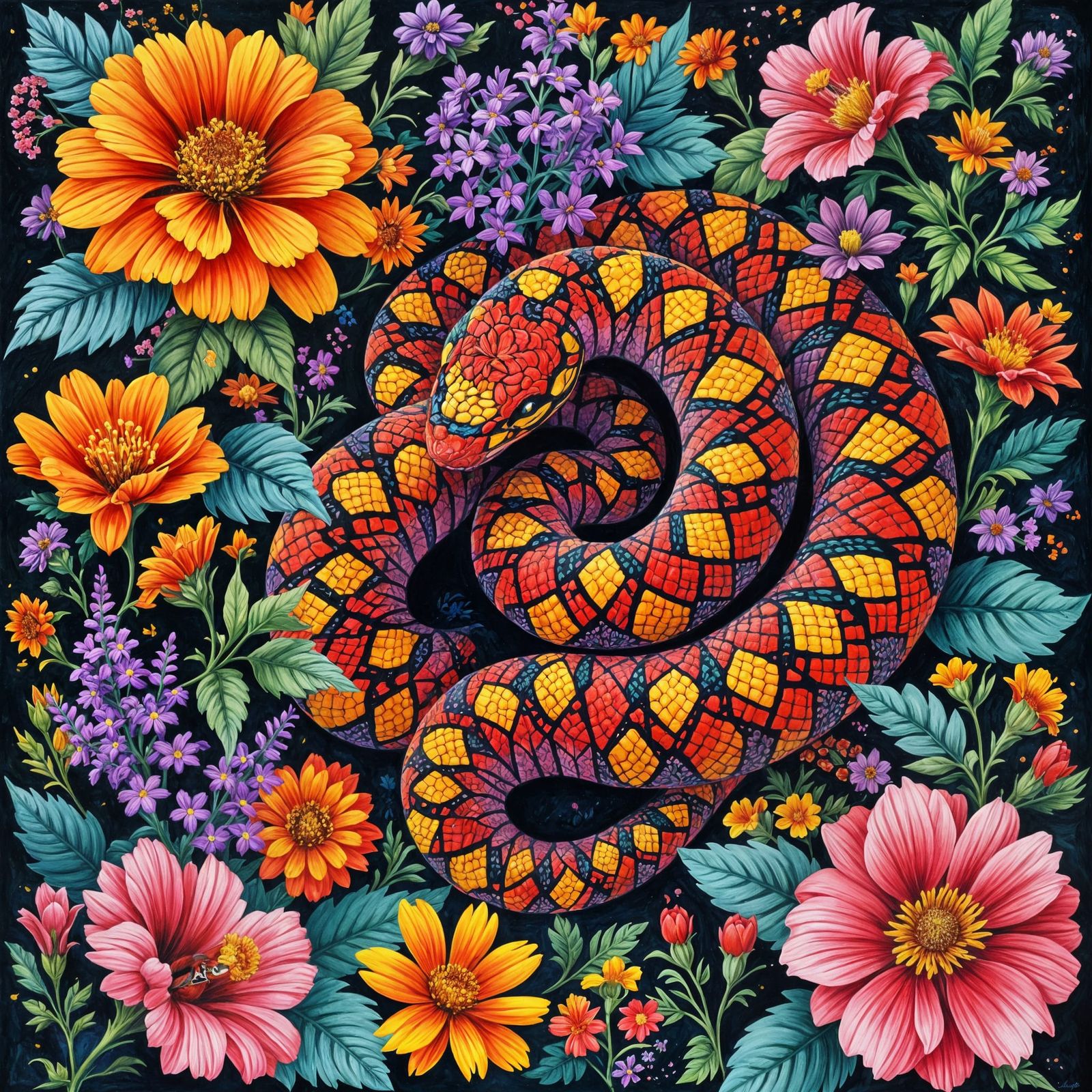 Coral Snake in Mexican Floral Acrylic Art